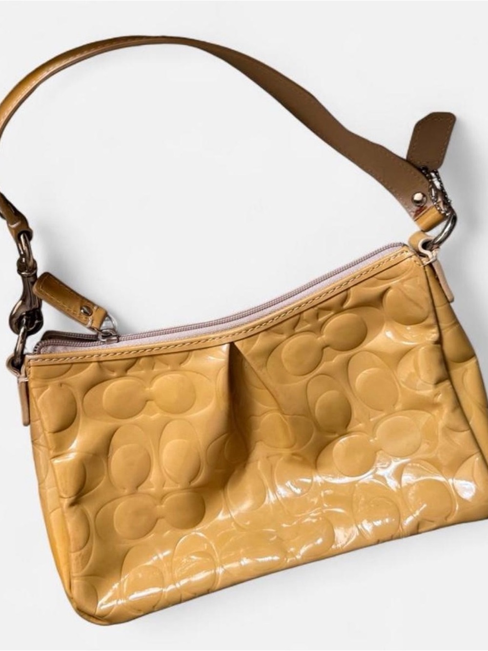 Coach Glossy Patent Leather Signature Shoulder Bag in Mustard Yellow